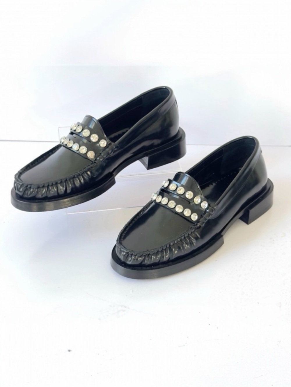 SANDRO Crystal-Embellished Patent-Leather Women’s Black Slip On Loafers Size 5